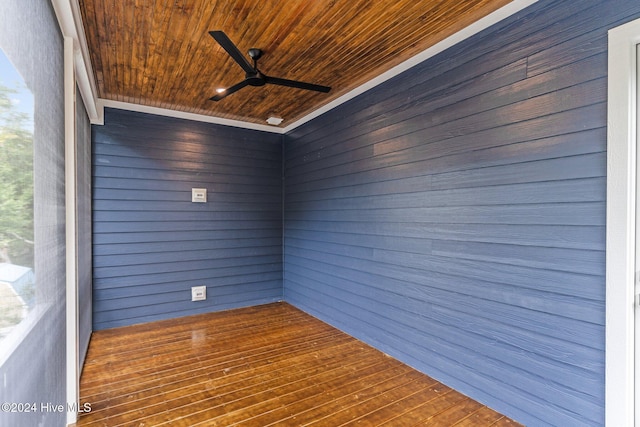 unfurnished sunroom featuring ceiling fan and wooden ceiling