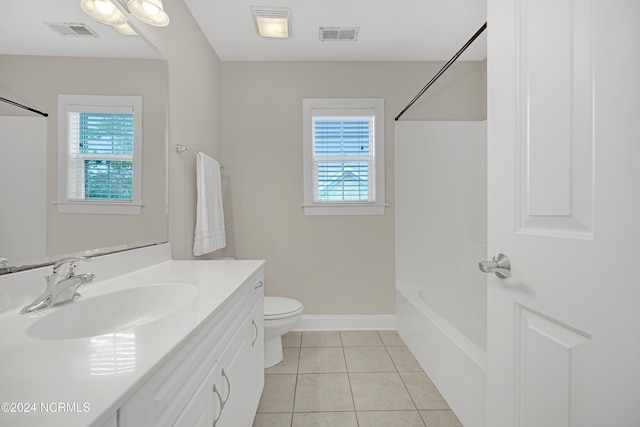 full bathroom with vanity, shower / tub combination, toilet, and tile patterned floors