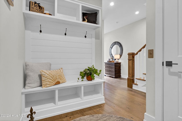 mudroom with hardwood / wood-style floors