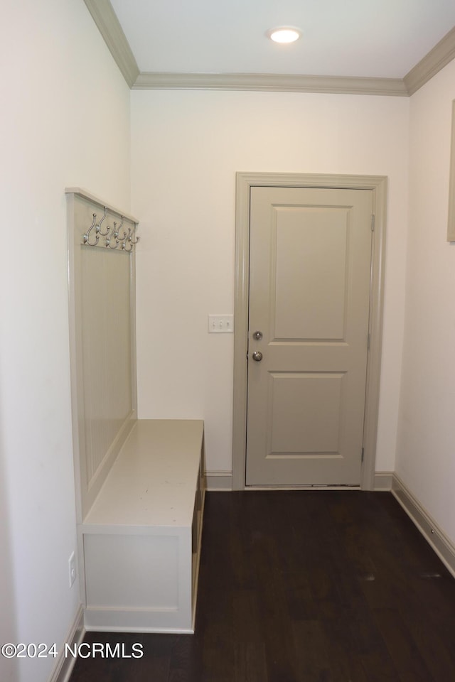 mudroom with ornamental molding and dark hardwood / wood-style flooring