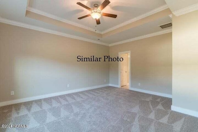 spare room with light carpet, a tray ceiling, ornamental molding, and ceiling fan