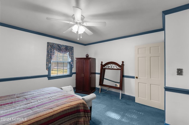 carpeted bedroom featuring crown molding and ceiling fan