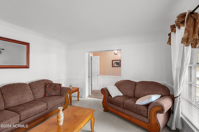 carpeted living room with crown molding