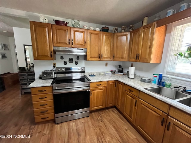 kitchen featuring light hardwood / wood-style flooring, electric stove, and sink