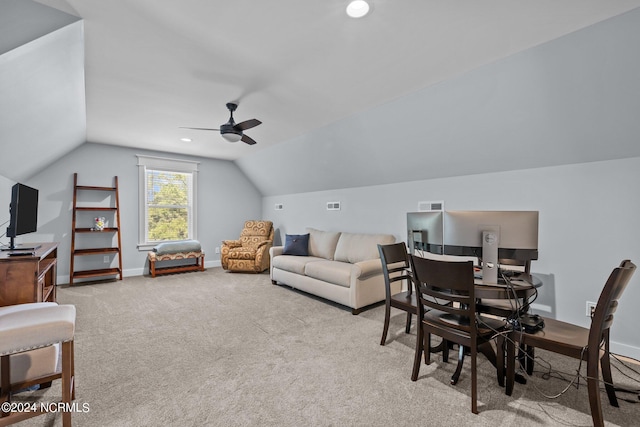 office area with lofted ceiling, light carpet, and ceiling fan