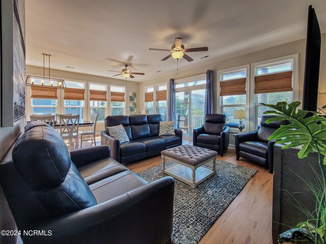 living room with ceiling fan and light hardwood / wood-style flooring