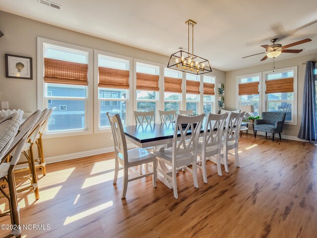 dining room featuring ceiling fan with notable chandelier and light wood-type flooring