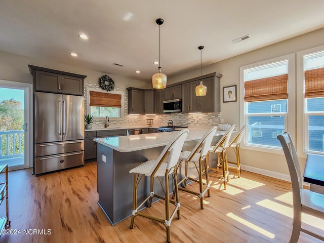 kitchen featuring stainless steel appliances, pendant lighting, light hardwood / wood-style flooring, and a wealth of natural light