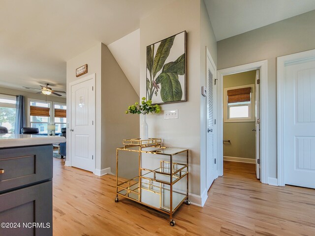 hallway with lofted ceiling and light hardwood / wood-style flooring