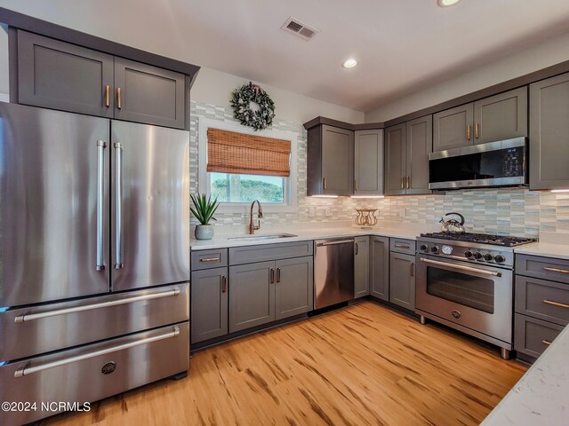 kitchen with tasteful backsplash, gray cabinetry, high end appliances, sink, and light hardwood / wood-style flooring