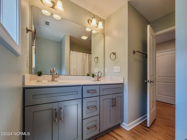 bathroom with hardwood / wood-style floors and vanity