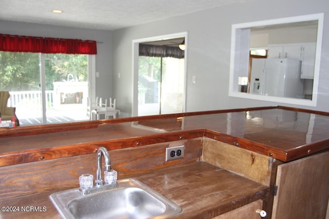 kitchen with white refrigerator with ice dispenser and sink