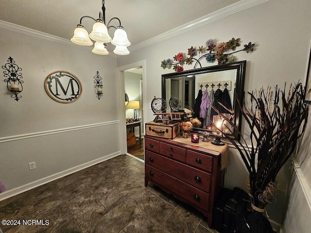 interior space with crown molding, a chandelier, and a textured ceiling