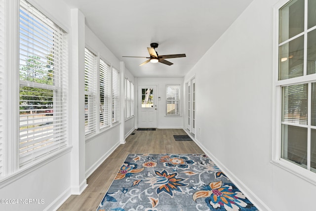 entryway featuring light hardwood / wood-style flooring and ceiling fan