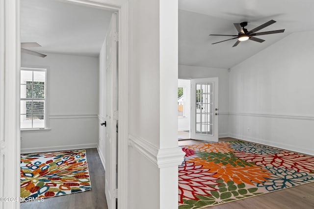 160 NE 5th St, Oak Island, NC 28465 - entrance foyer featuring a ceiling fan, wood finished floors, lofted ceiling, and baseboards