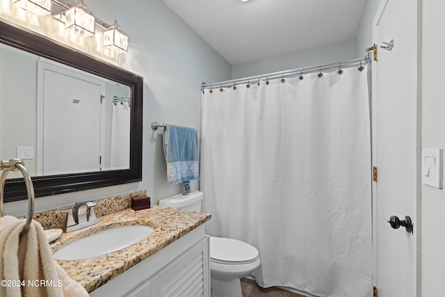 bathroom featuring a textured ceiling, hardwood / wood-style flooring, vanity, and toilet