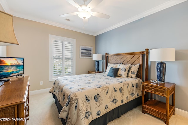 carpeted bedroom with connected bathroom, ceiling fan, and crown molding