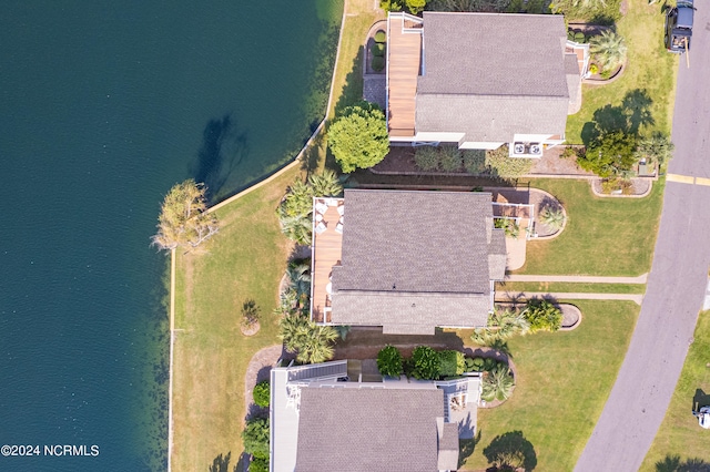 drone / aerial view featuring a water view