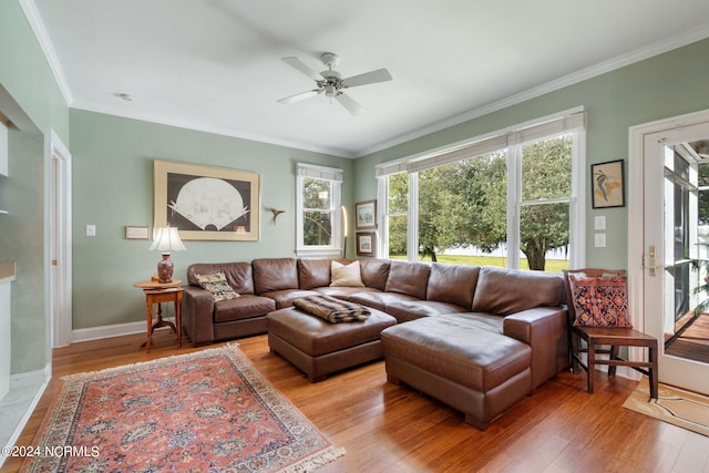 living room featuring wood-type flooring, ceiling fan, and ornamental molding