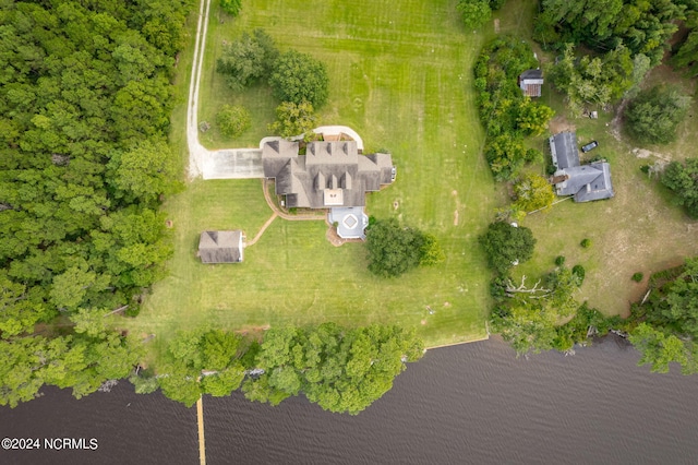 drone / aerial view featuring a water view