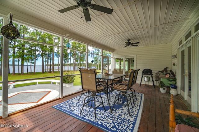 sunroom / solarium featuring ceiling fan and a water view