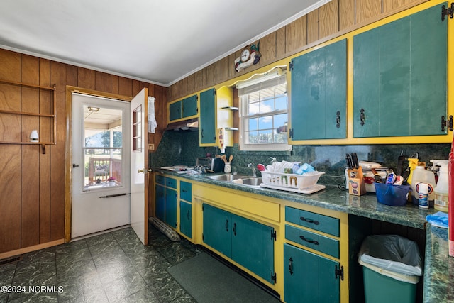 kitchen with tasteful backsplash, sink, crown molding, and wood walls