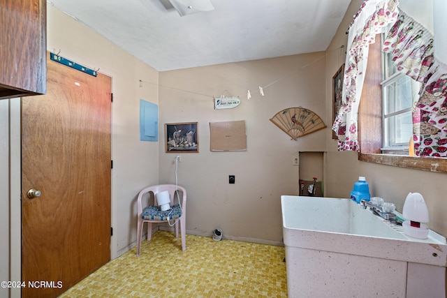 laundry room featuring electric panel and sink