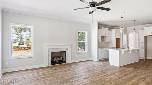 unfurnished living room with a sink, crown molding, a ceiling fan, and plenty of natural light