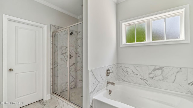 bathroom featuring a marble finish shower, marble finish floor, crown molding, and a bath