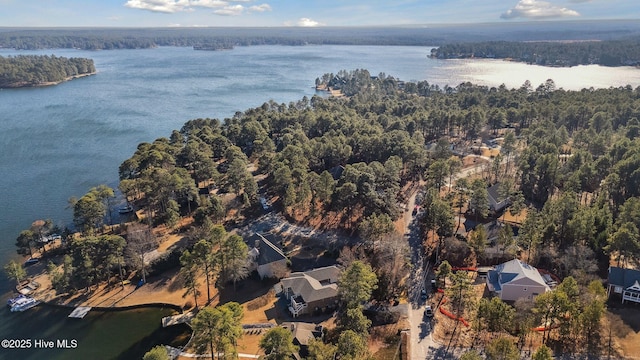 aerial view featuring a water view and a forest view