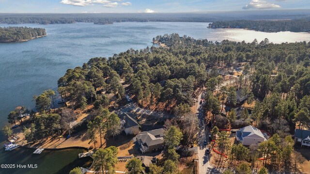 aerial view featuring a water view and a forest view