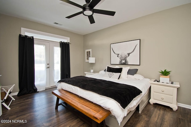 bedroom featuring dark hardwood / wood-style flooring, french doors, access to outside, and ceiling fan