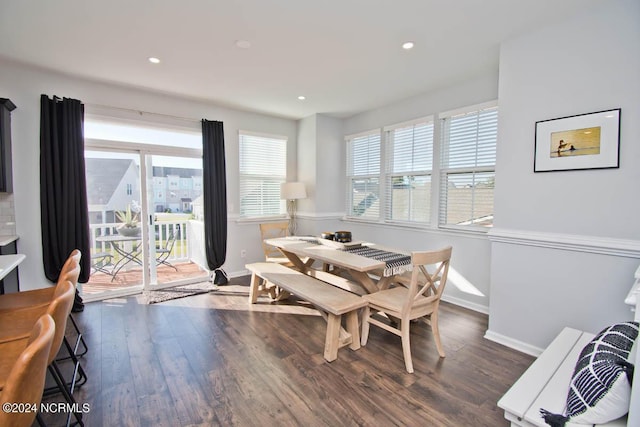 dining space featuring baseboards, wood finished floors, and a wealth of natural light