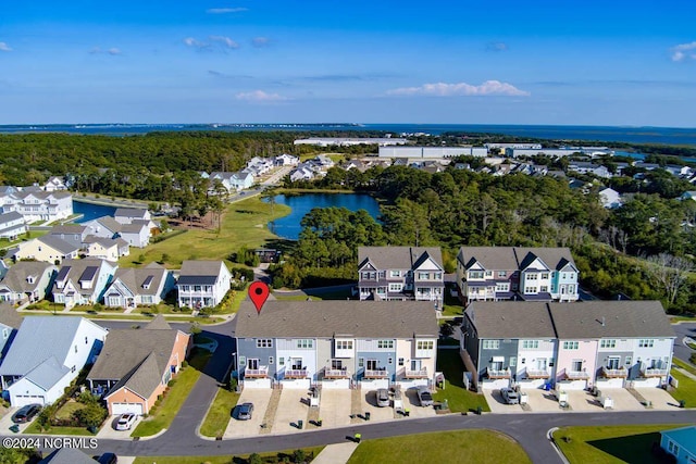 aerial view with a water view and a residential view