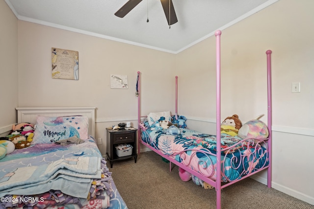 bedroom with carpet flooring, ceiling fan, and ornamental molding