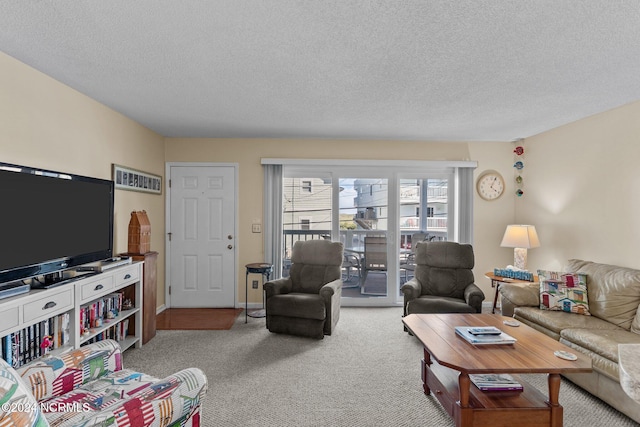 carpeted living room with a textured ceiling