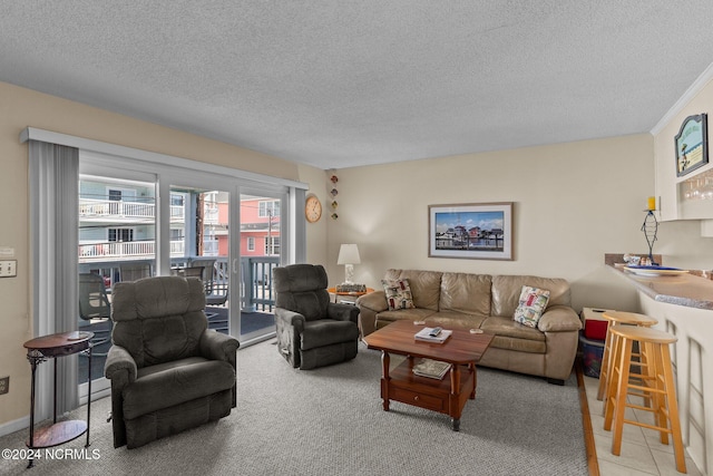 living room with light carpet, ornamental molding, and a textured ceiling