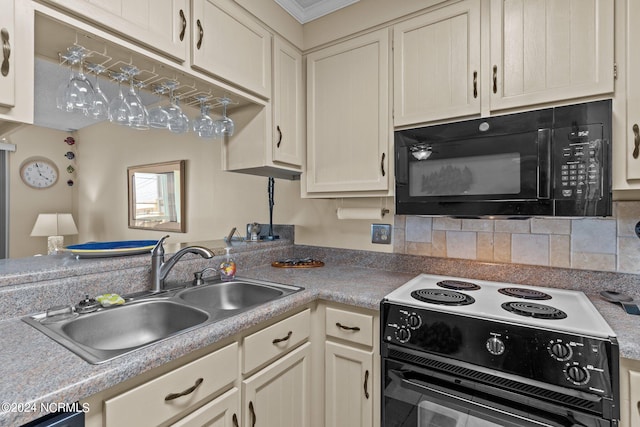 kitchen featuring sink, cream cabinets, backsplash, electric stove, and crown molding