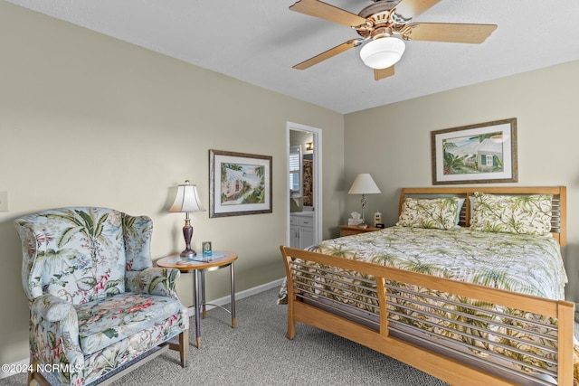 carpeted bedroom with ceiling fan and connected bathroom