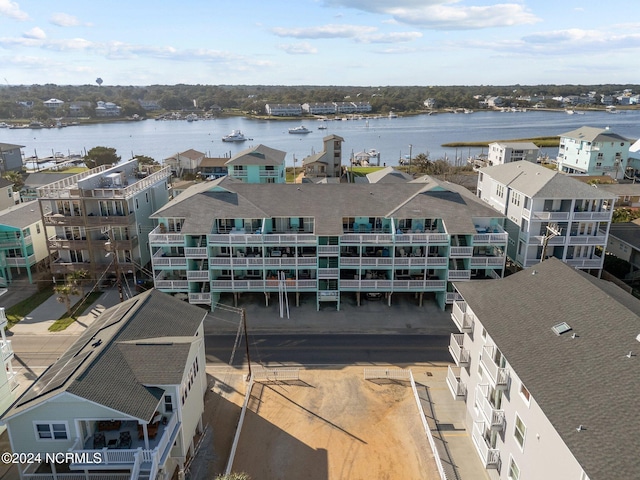 drone / aerial view with a water view