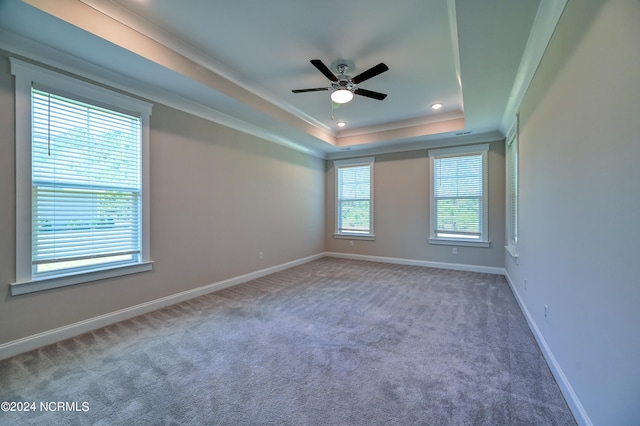 carpeted spare room with ceiling fan and a tray ceiling