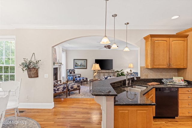 kitchen with pendant lighting, sink, light hardwood / wood-style flooring, black dishwasher, and dark stone counters