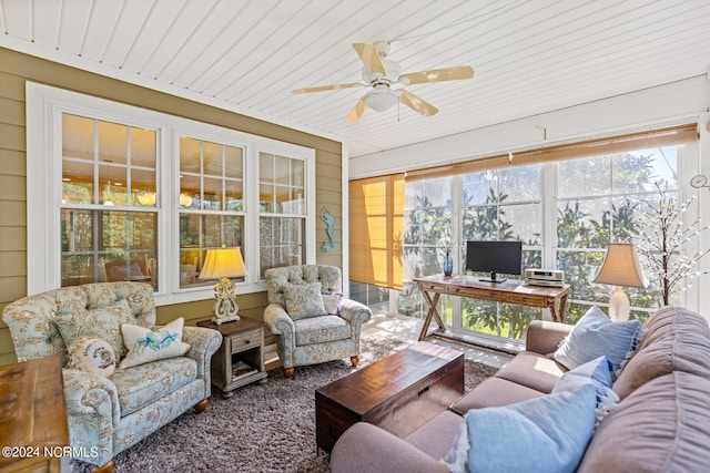 sunroom with ceiling fan and wood ceiling