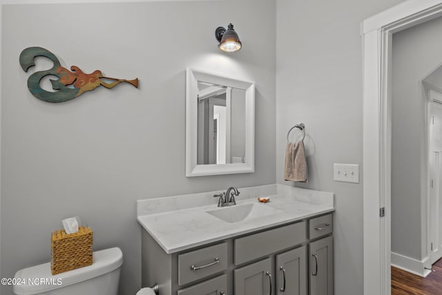 bathroom featuring wood-type flooring, vanity, and toilet