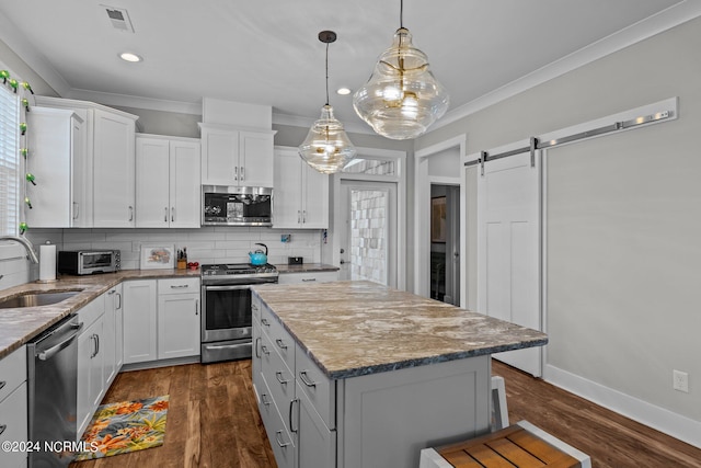 kitchen featuring a barn door, appliances with stainless steel finishes, hanging light fixtures, a center island, and white cabinetry