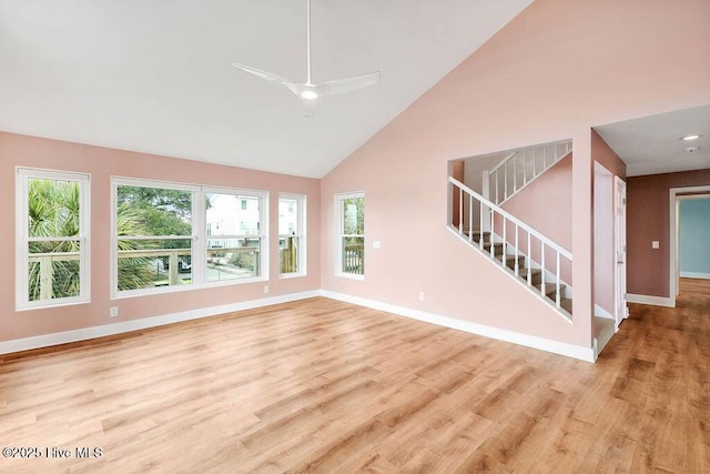 unfurnished living room with a wealth of natural light, light hardwood / wood-style flooring, and high vaulted ceiling