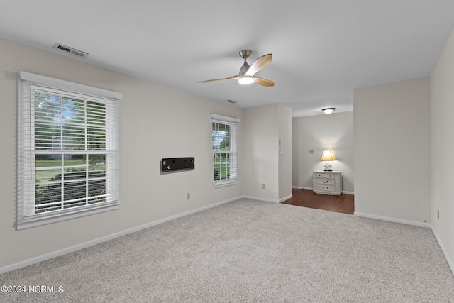 unfurnished bedroom featuring carpet flooring and ceiling fan