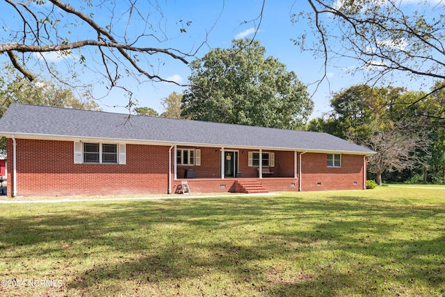 single story home with crawl space, a porch, brick siding, and a front lawn