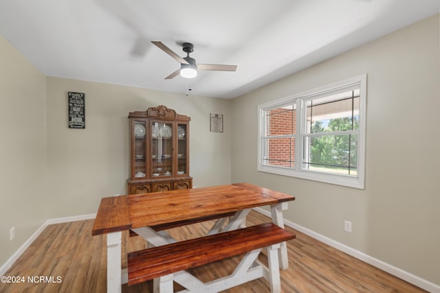 dining space featuring light hardwood / wood-style flooring and ceiling fan