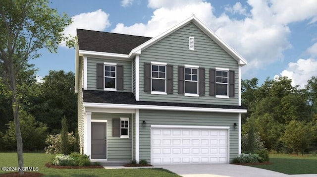 view of front facade featuring a front yard and a garage